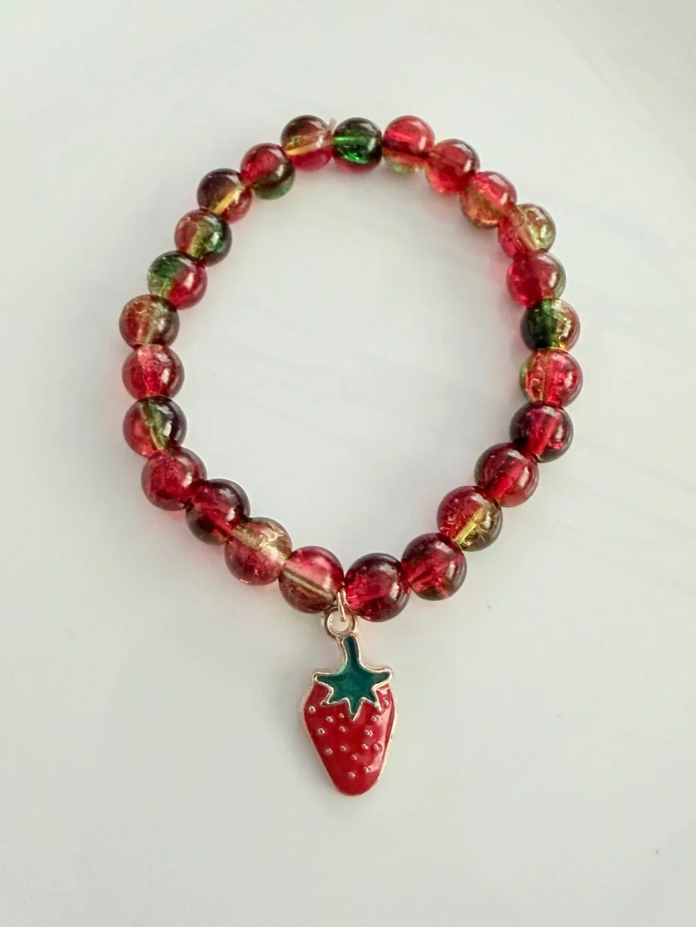 Red Beaded Stretch Bracelet with Strawberry Charm
